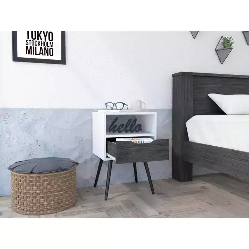 Modern Nightstand with Open Shelf and Single Drawer, Smokey Oak / White Finish