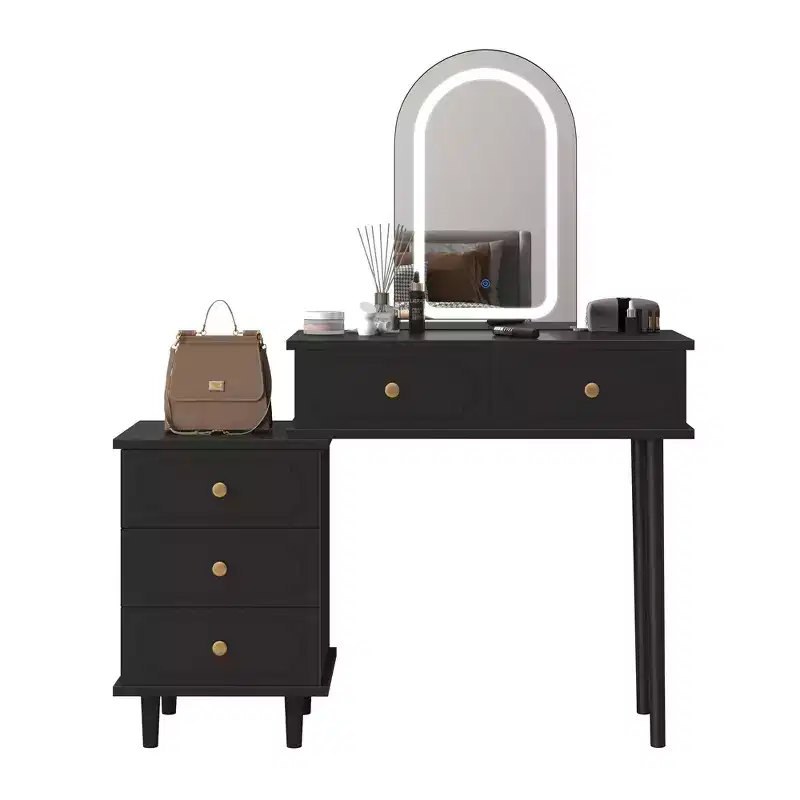 Makeup Vanity Desk with Mirror and Lights, Modern White Vanity Table with 2 Drawers & Adjustable 3-Drawer Cabinet, Wood Dressing Table