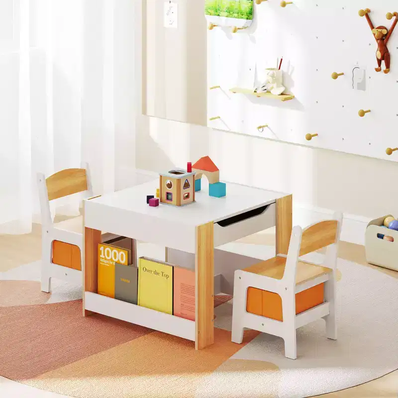 Costway 4-in-1 Kids Table & Chair Set Toddler Wooden Activity Table with Side Bookshelves Beige/Gray
