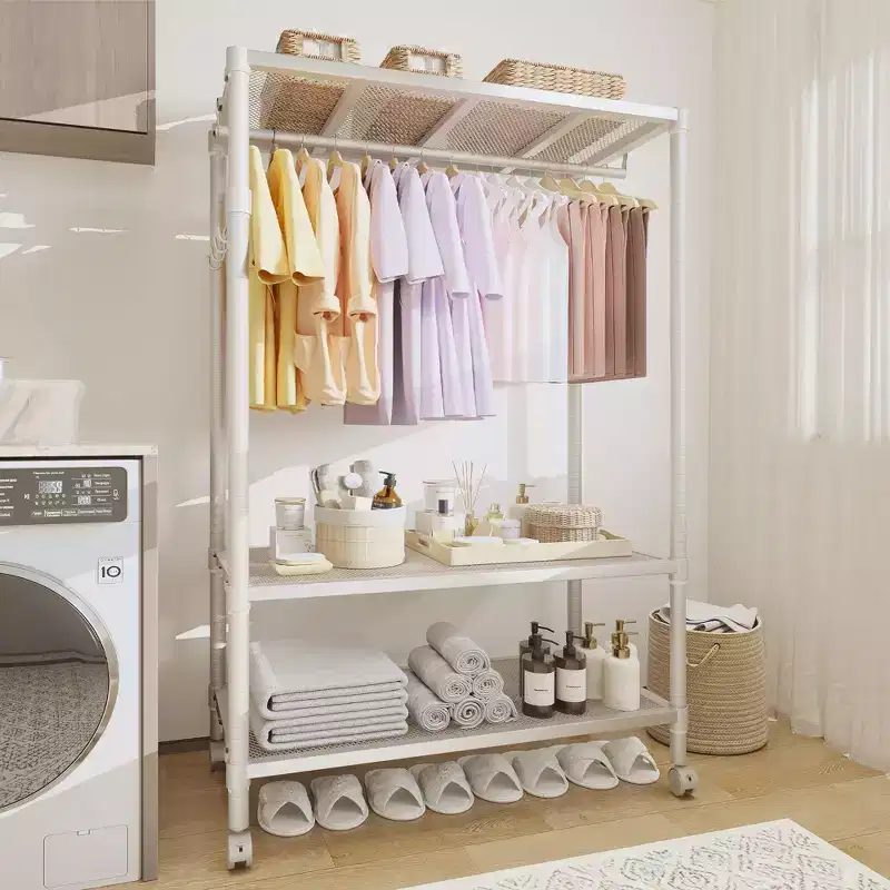 Heavy Duty Rolling Garment Rack with Adjustable Shelves, Freestanding Metal Clothes Organizer, Portable Wardrobe for Hanging Clothes, Beige