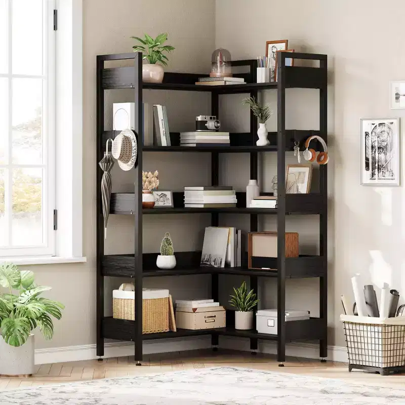 65.8in L Shaped Storage Display Shelf, 5 Tier Convertible Corner Book ShelfStorage Display ShelfBlack/White