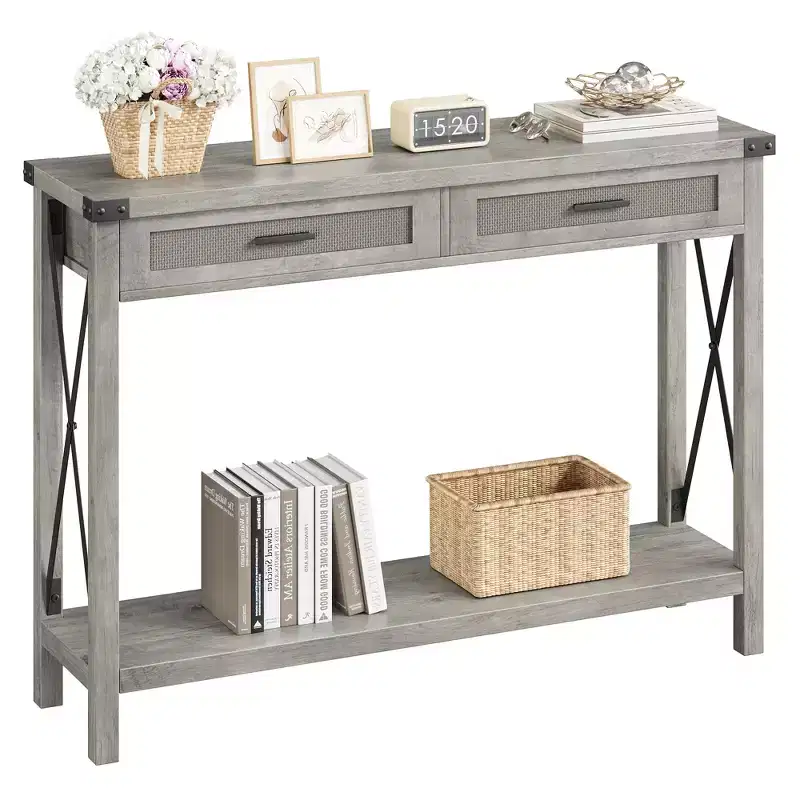 Entryway Table with Rattan Drawers, 43 in Wooden Console Table for Entryway, Sofa Table with Storage for Living Room, Hallway, Foyer