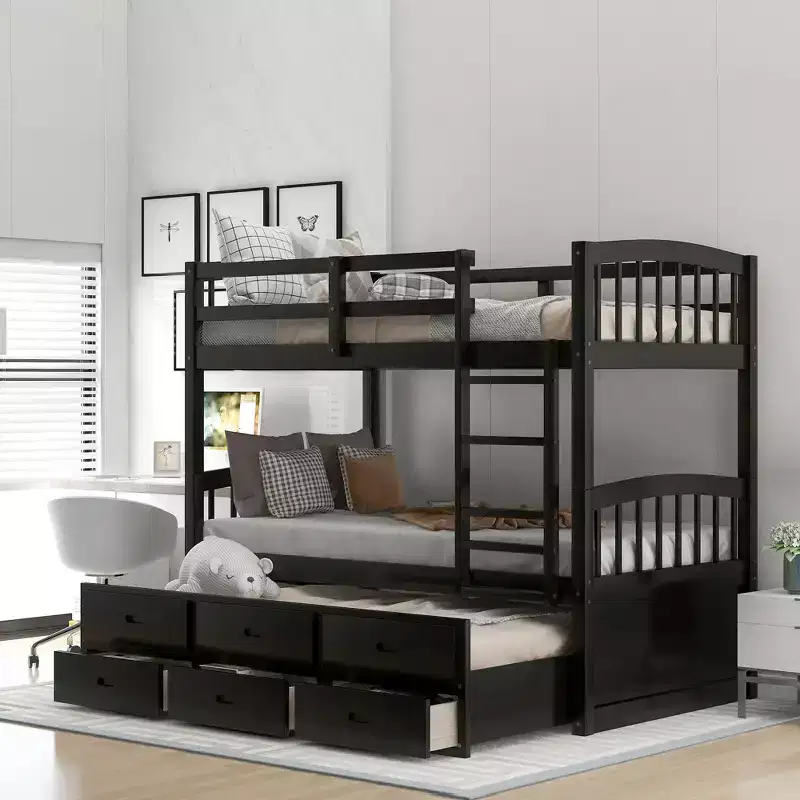 Letto a castello in legno Twin-over-Twin con scaletta, letto estraibile e cassetti