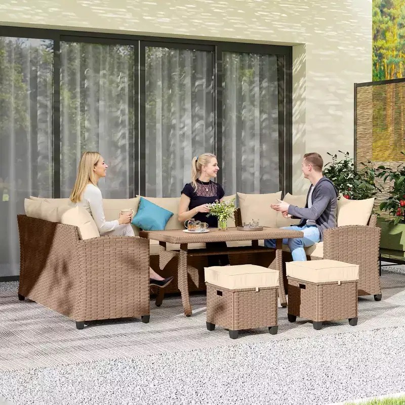 6 Piece Patio Furniture Set, PE Wicker Outdoor Furniture Conversation Set with 3 Sofas, 2 Ottomans and Slatted WPC Top Dining Table