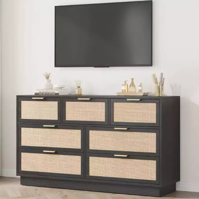 Rattan 7 Drawer Dresser, 55in Wide 7 Chest of Drawers with Metal Handles and Wooden Sturdy Base for Bedroom Living Room Nursery