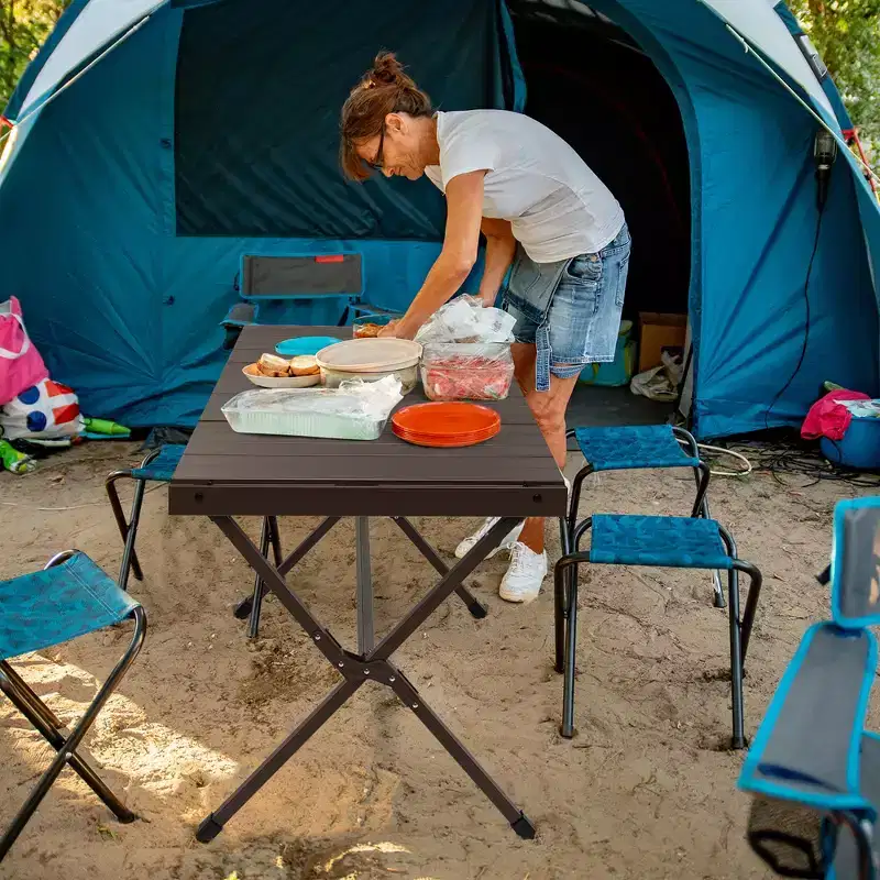 4-6 Person Portable Aluminum Camping Table Lightweight Roll Up Table Grey/Brown