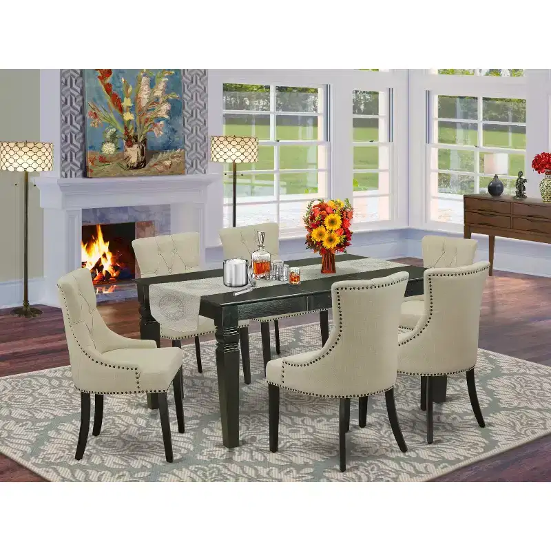 HomeStock 7 Piece Dinette Set Rectangle Table with 6 Chairs Black Light Beige