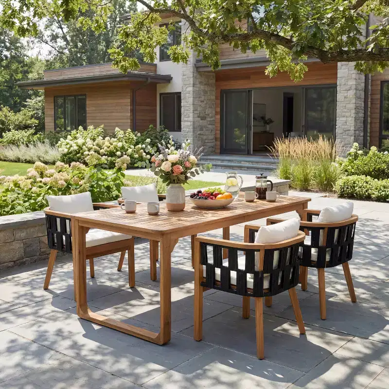 Christopher Knight Home Gavin Patio Modern Acacia Wood 5-Piece Dining Set with 4 Wicker Rope Dining Chairs