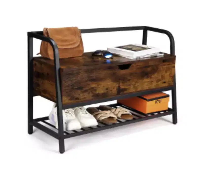 Retro Smoked Wood & Black Shoe Bench (Iron + Wood)