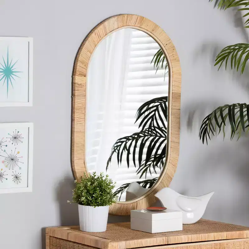 bali & pari Bella Modern Bohemian Natural Brown Mahognay Wood and Natural Rattan Oval Mirror