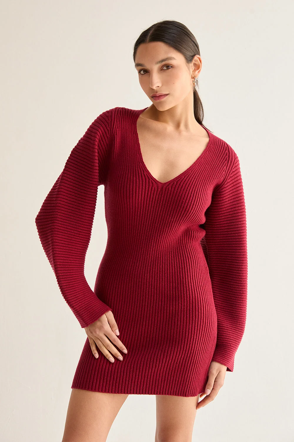Hourglass Mini Sweater Dress with Balloon Sleeves V-Neckline