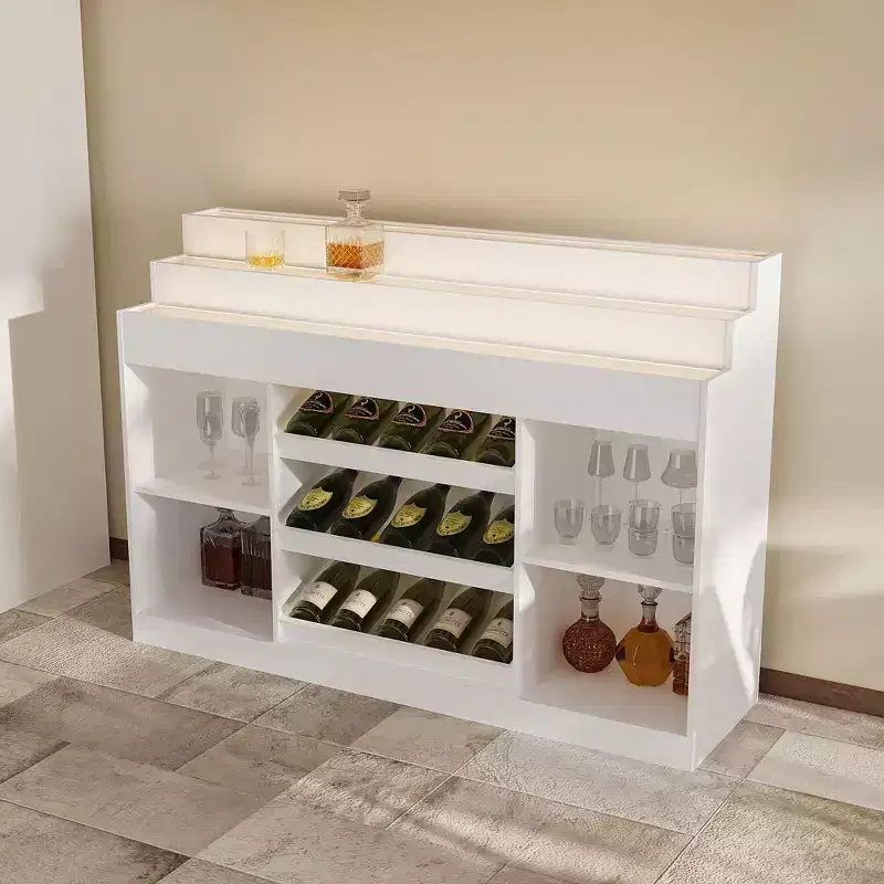 Famapy White Multi-Layer Bar Cabinet Wine Cabinet: Wave-Patterned Glass Countertop, Tiered Design  Spacious Wine & Liquor Storage, Ambient Lighting