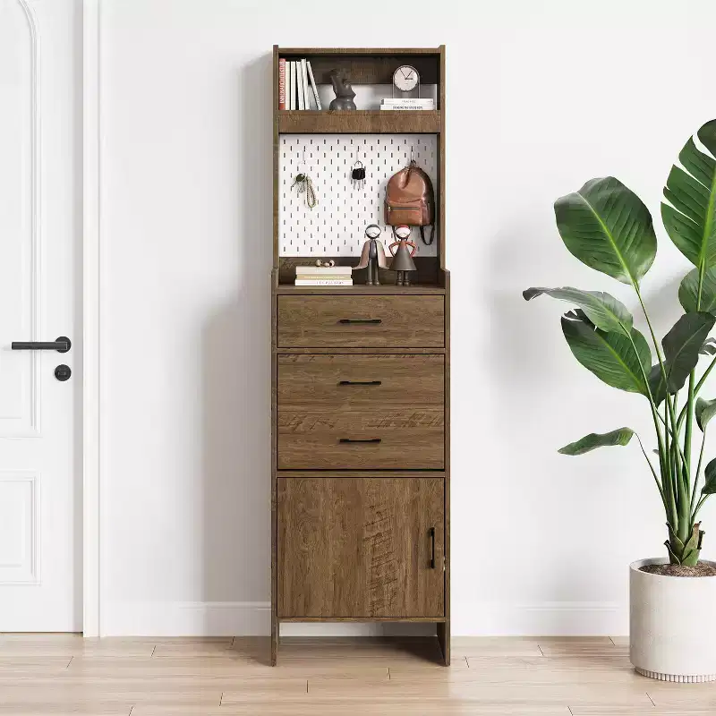 5-in-1 Shoe Cabinet with Flip Drawer, Entryway Shoe Storage with Pegboard, Adjustable Shelf, Wood Entryway Cabinet