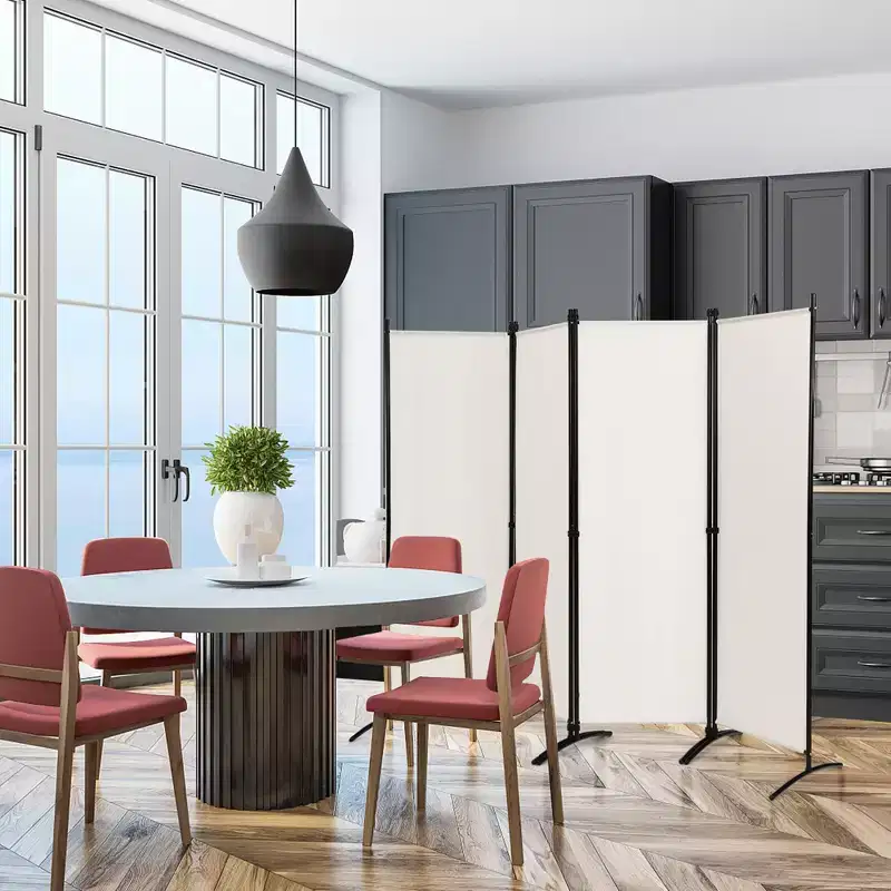 4-Panel 5.6ft Room Divider Folding Fabric Privacy Screen with Steel Frame White/Black/Brown