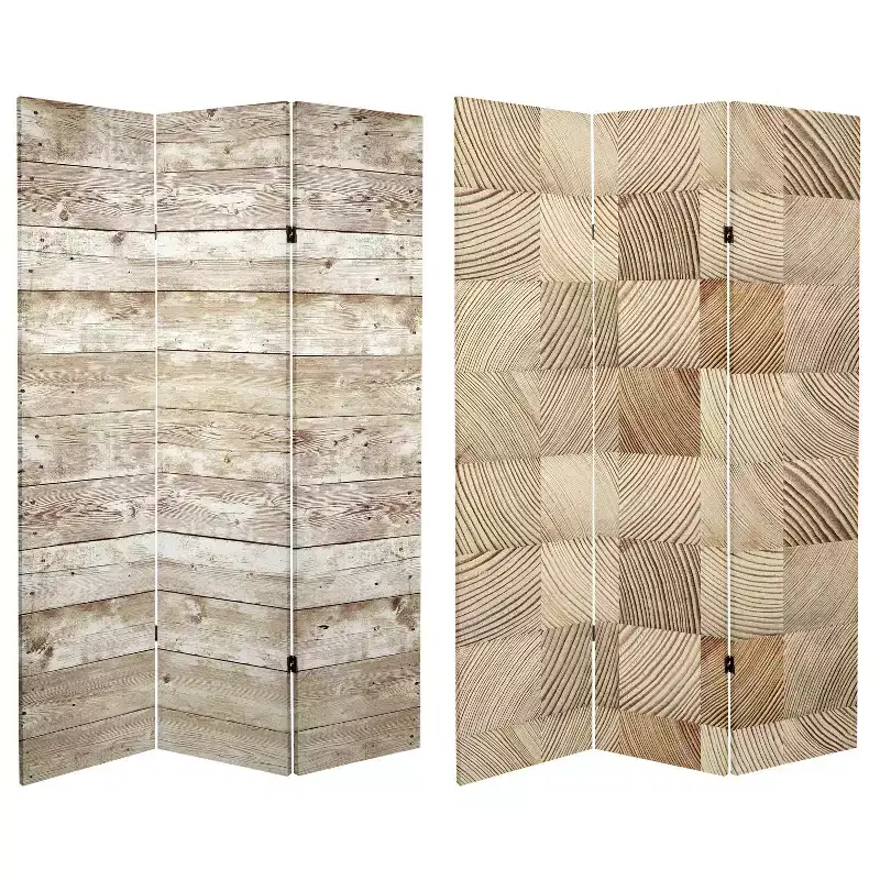 6" Double Sided Pale Wood Pattern Canvas Room Divider Brown - Oriental Furniture: Spruce Frame, Adjustable Partition