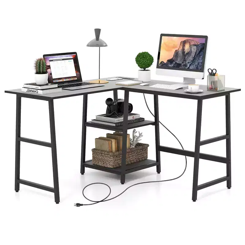 L Shaped Corner Computer Desk Study Table w/Storage Shelves Black/Rustic Brown
