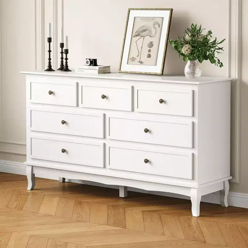 Modern 7-Drawer Sideboard, White Buffet Cabinet with Wood Legs