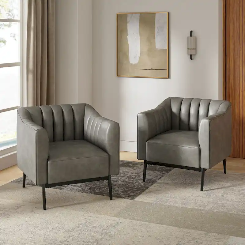 Alfons Industrial Leather Chair with Channel Tufting and Metal Leg Set of 2 by HULALA HOME
