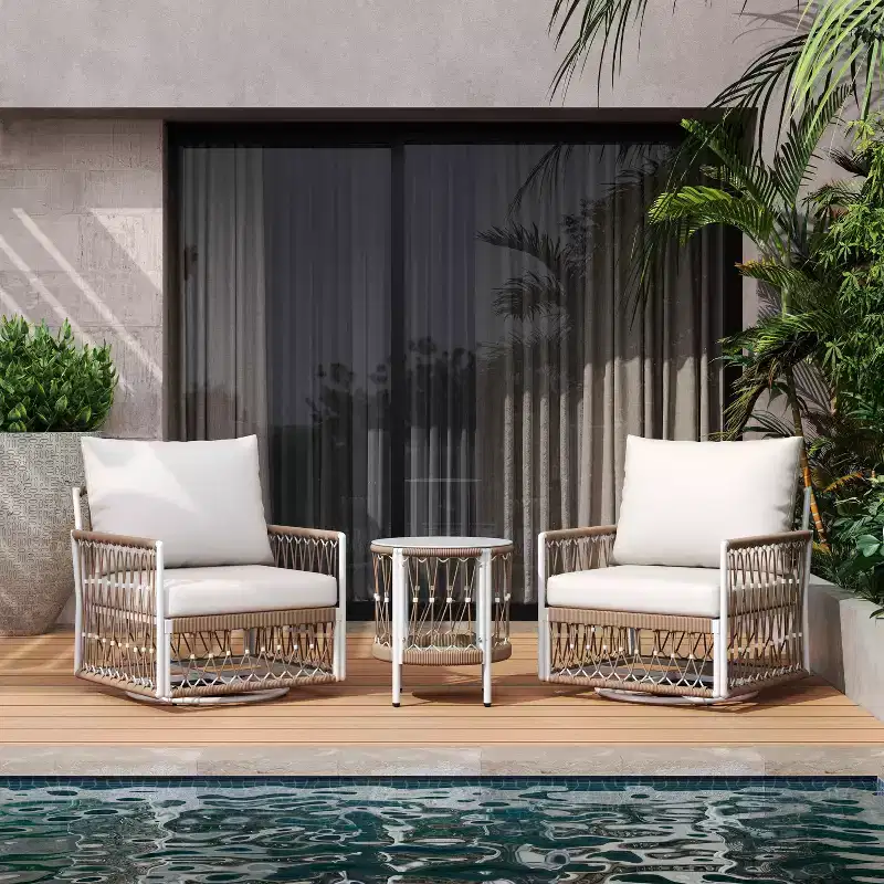 MAYEERTY 3-Piece Bohemian Outdoor Furniture Set, 2 Lounge Chairs & Glass Top Side Table, Handwoven Rope Steel Frame Waterproof Cushions