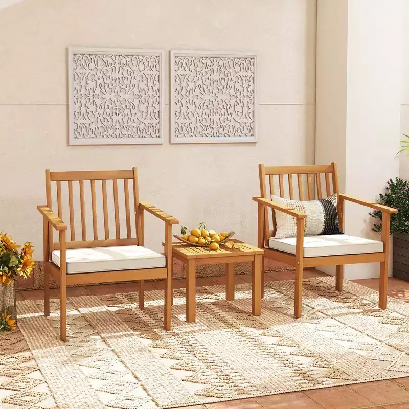 Costway 3 PCS Patio Wood Furniture Set Acacia Wood Chairs & Coffee Table with soft Cushions Grey/White