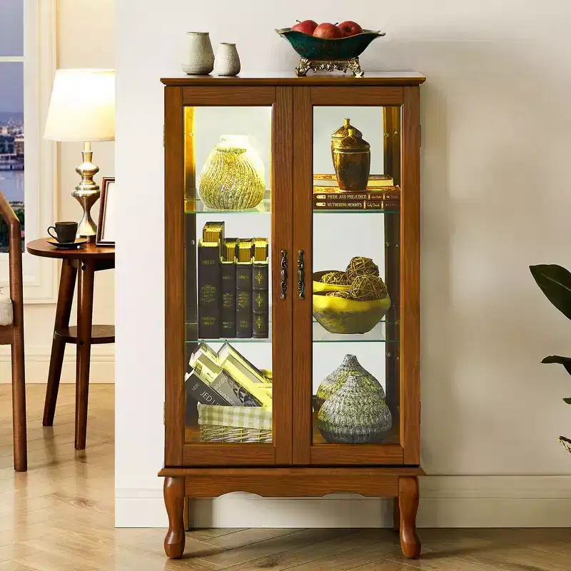 Curio Cabinet with 2 Tempered Glass Doors, Diapaly Cabinet with 3 Adjustable Shelves and Mirrored Back Panel, Cabinet for Living Room