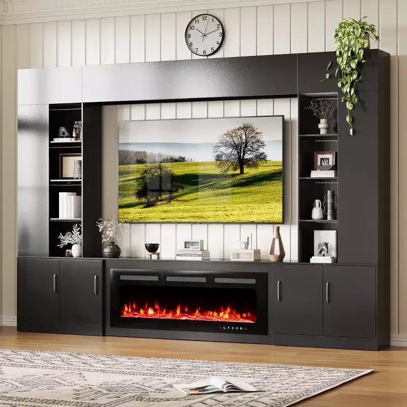 112 Inch Large Wall Unit Entertainment Center with Fireplace and LED Lights