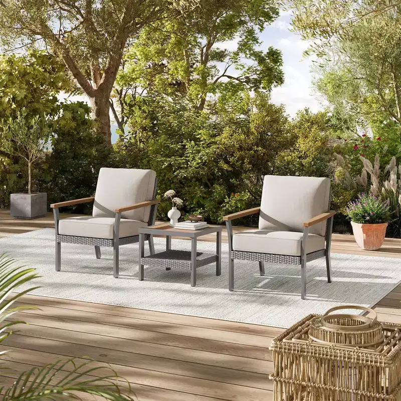 SONGMICS HOME Sencillo Collection - 3 Piece Patio Furniture Set, 2 Lounge Chairs and 1 Coffee Table, Outdoor Furniture, Gray and Beige