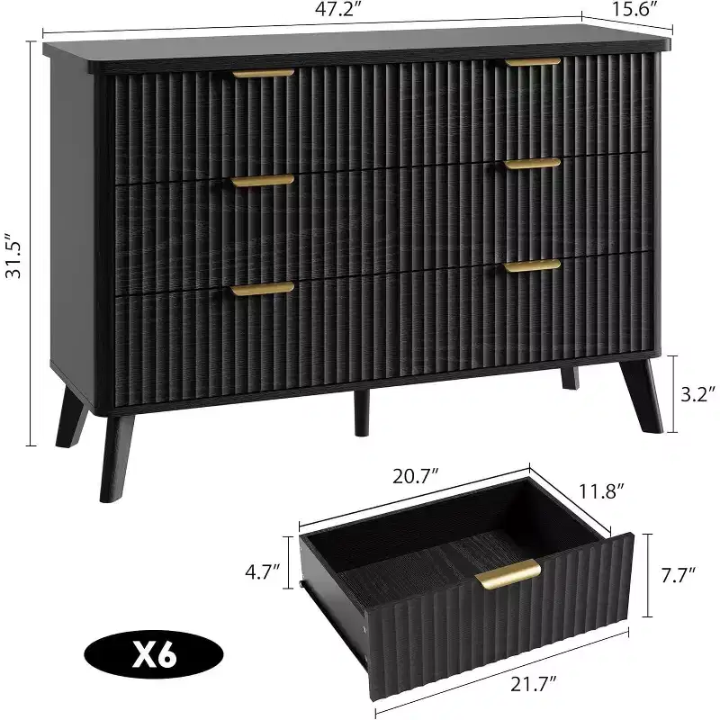 Fluted Dresser with 6 Drawers, Modern Wooden Chest with Curved Design for Bedroom Storage