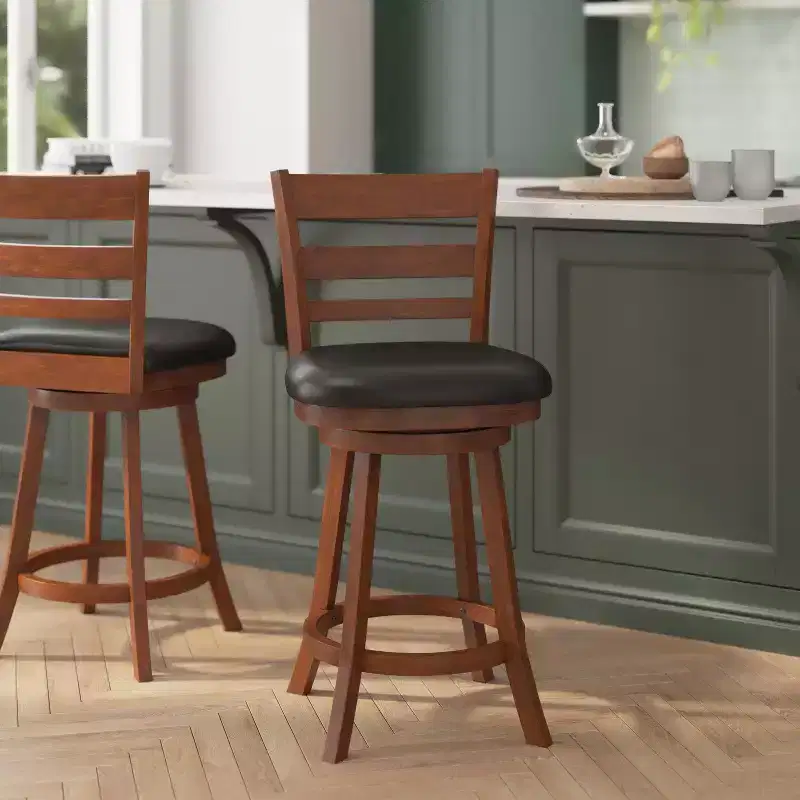 Flash Furniture Zerrick Commercial Grade Wood Classic Ladderback Swivel Counter Height Barstool with Padded, Upholstered Seat