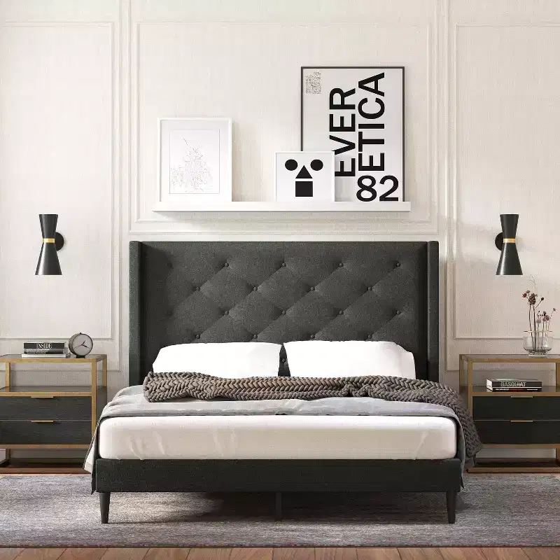 Button-Tufted Wingback Platform Bed Frame No Box Spring Needed Easy Assembly