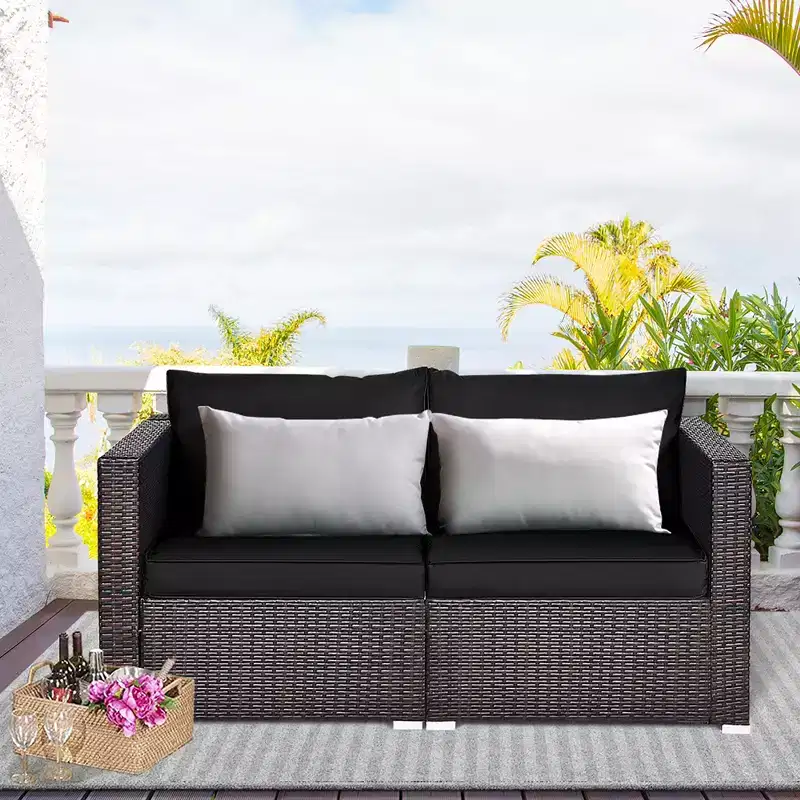 Costway 2PCS Patio Rattan Corner Sofa Sectional Furniture Set Black Cushion Black\Red