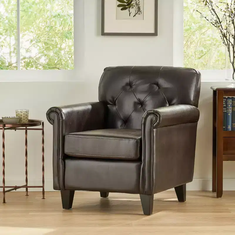 Contemporary Bonded Leather Tufted Club Chair with Rolled Arm Design
