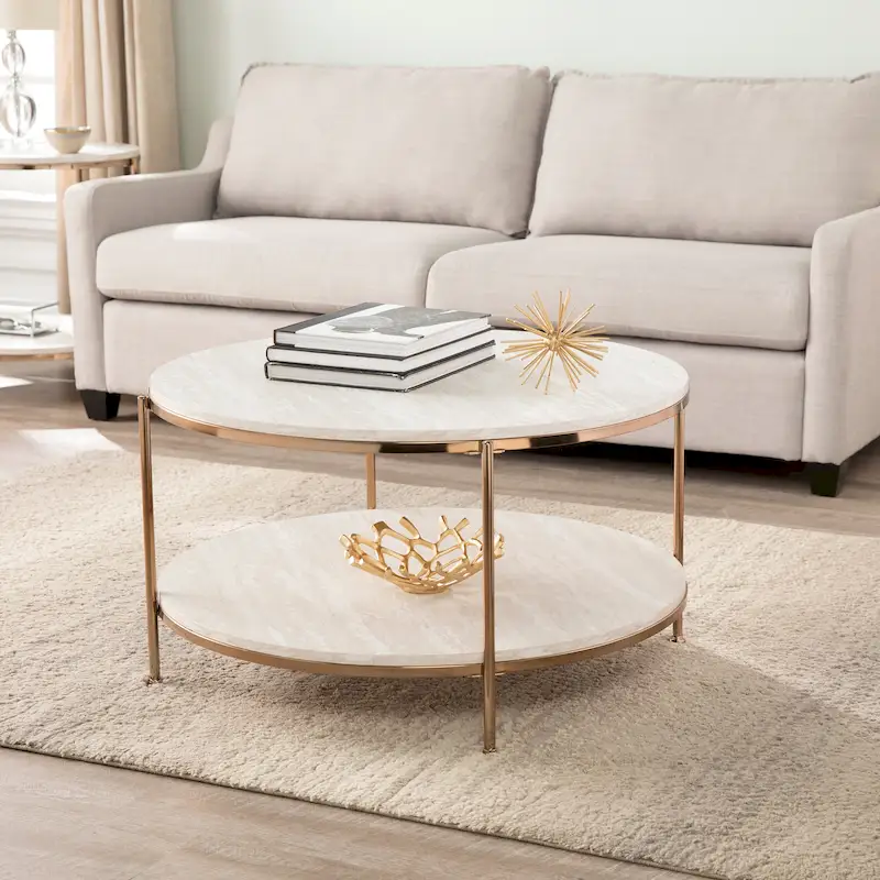 SEI Furniture Henderson Modern Faux Marble Round Coffee Table with Bottom Shelf