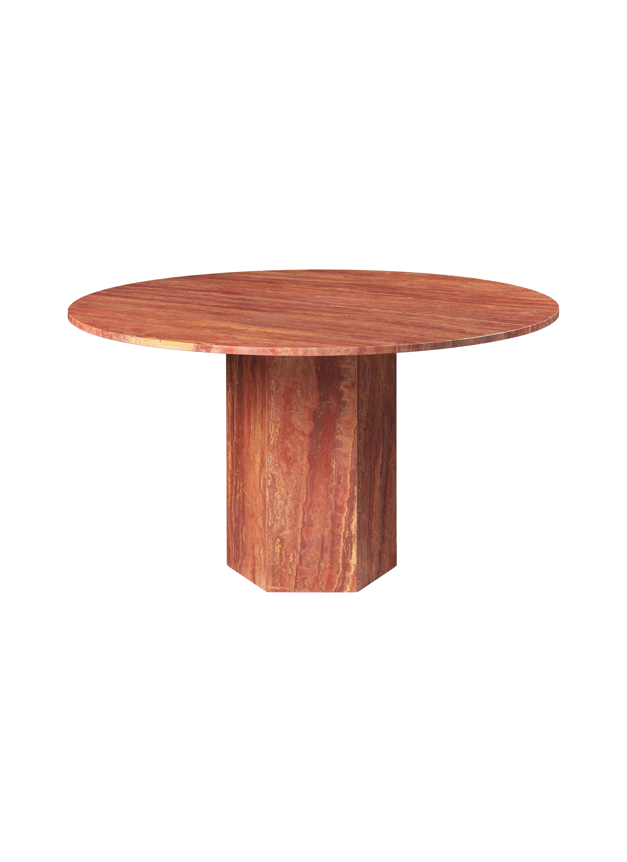 Classical Red Travertine Round Dining Table with Monolithic Column Base for Dining Room
