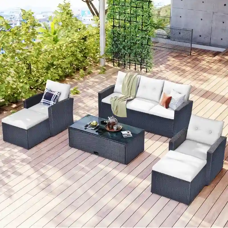 6-piece Patio Furniture Wicker Rattan Conversation Sectional Set with Table