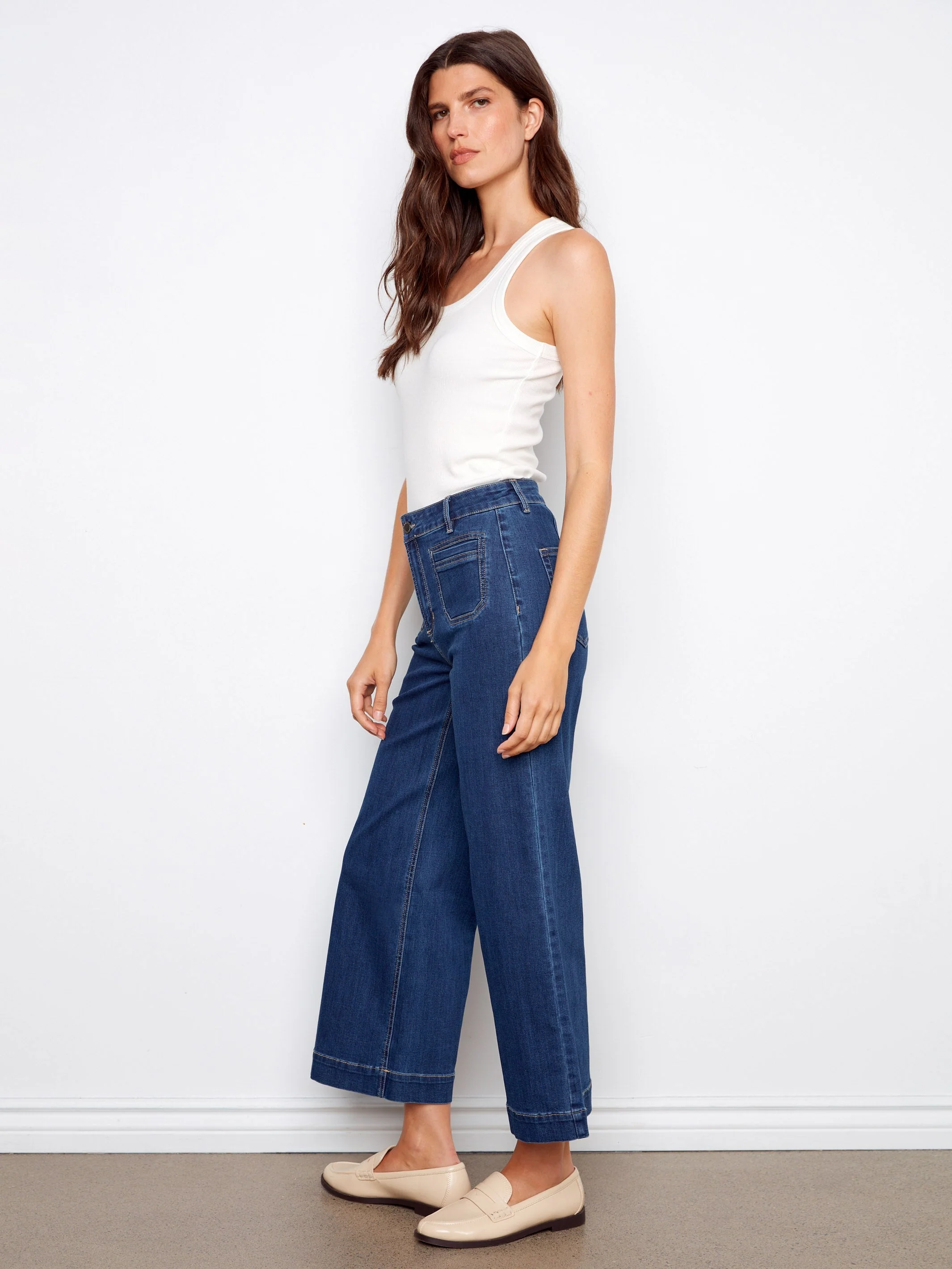 Cropped Patch Pocket Flare Jeans - Indigo