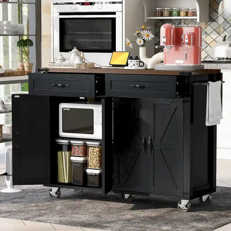 53.5 Farmhouse Kitchen Trolley with Power Outlet, Drop Leaf, Spice Rack, and Drawers, Mobile Cart on Wheels