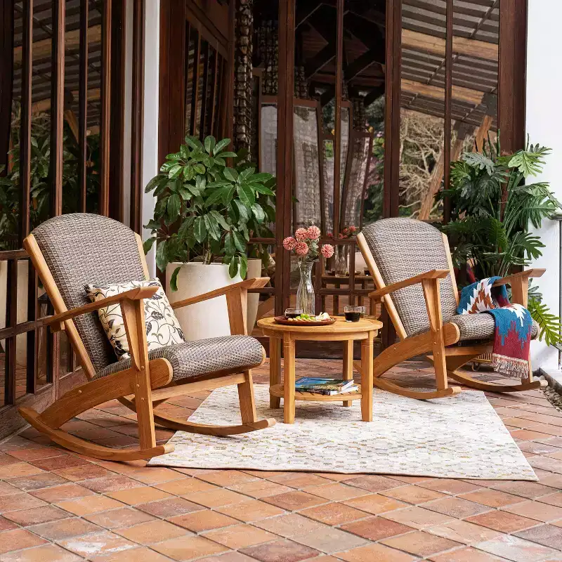 Sonoma Lane Burke 3pc Teak Outdoor Rocking Conversation Set with Padded Woven Seat – Ideal for Small Spaces, Teak Brown Finish