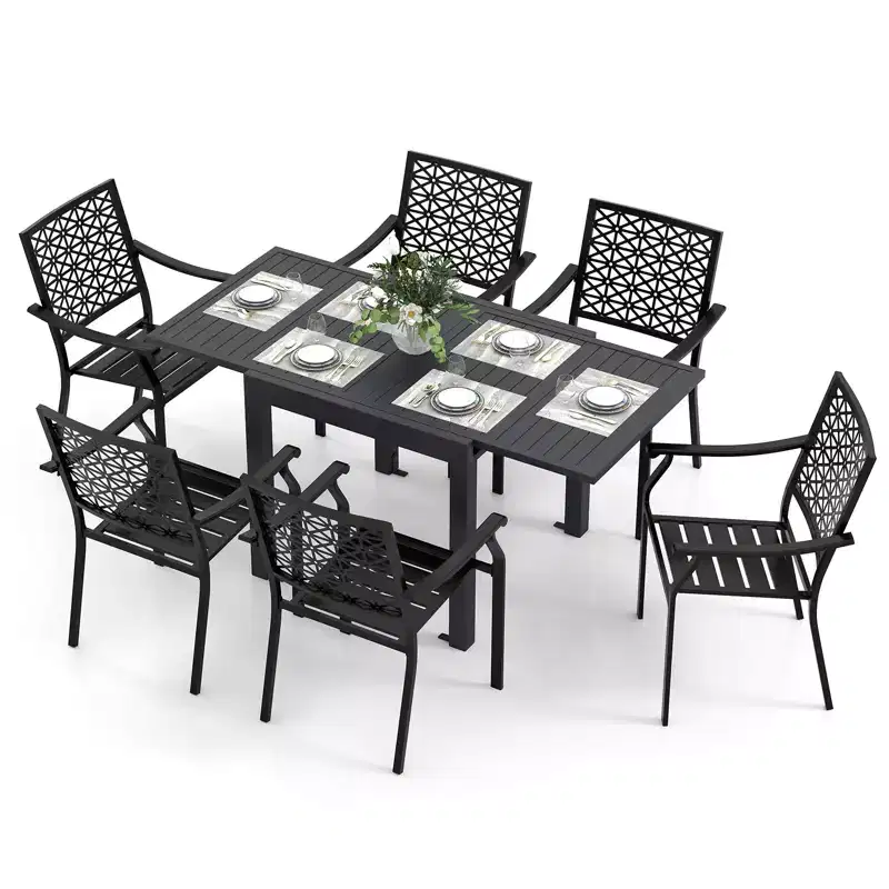 Gymax 7PCS Expandable Outdoor Dining Set w/Slatted Tabletop & Seats for Deck Garden
