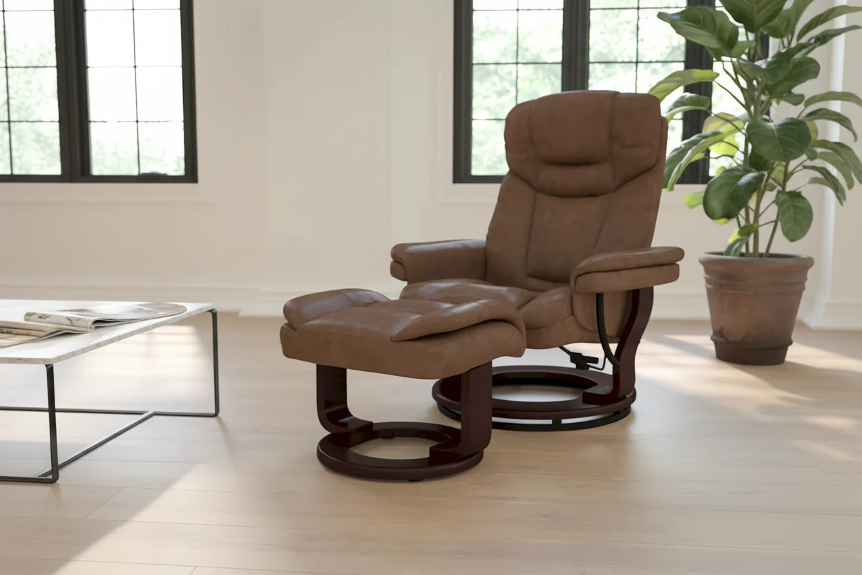 Contemporary Multi-Position Recliner and Curved Ottoman with Swivel Base