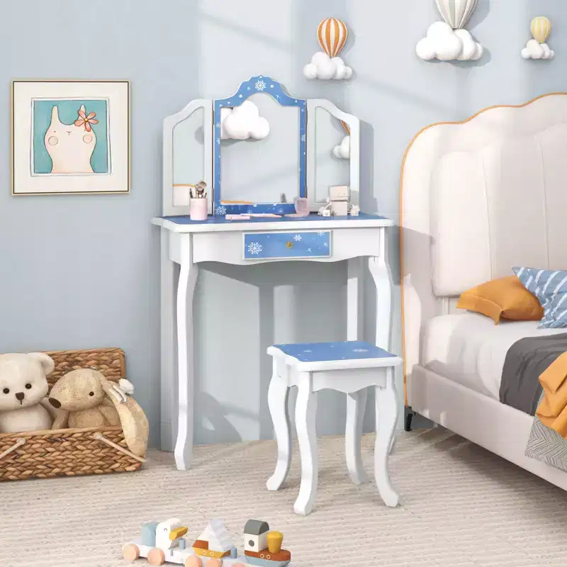 Costway Kids Vanity Table & Stool Set with Cute Polka Dot Print Tri-folding Mirror Drawer Pink&White/Light Pink&White/Pink&Black/Blue/Pink