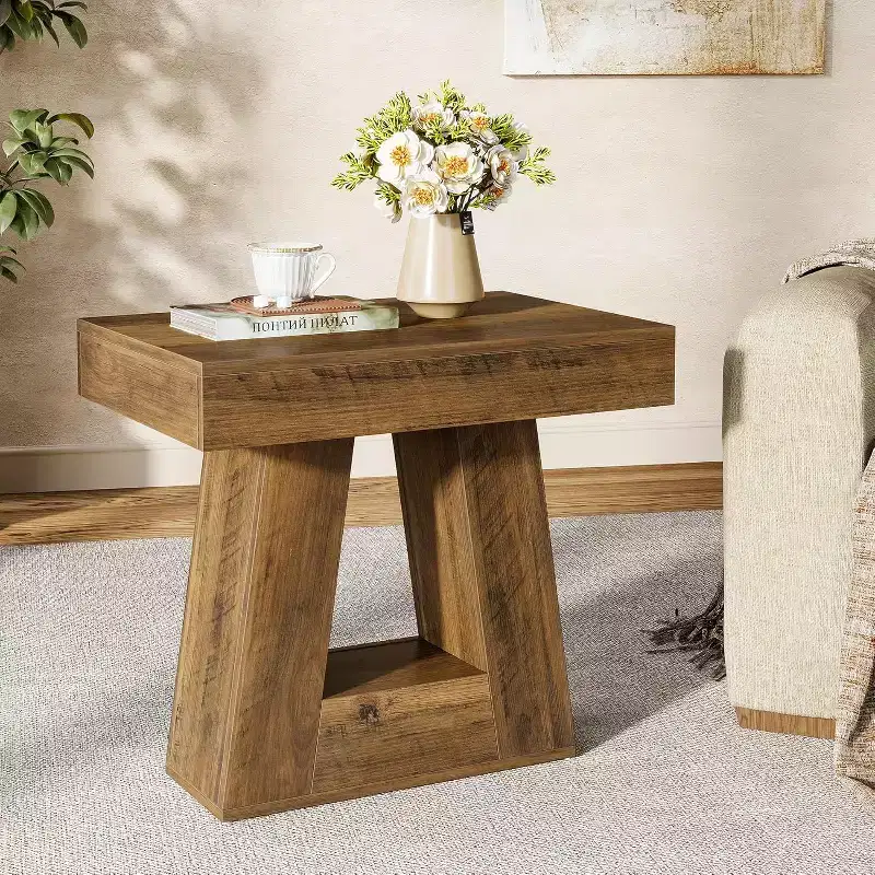 Brown, Farmhouse Style, 2-Tier End Table with Trapezoid Base