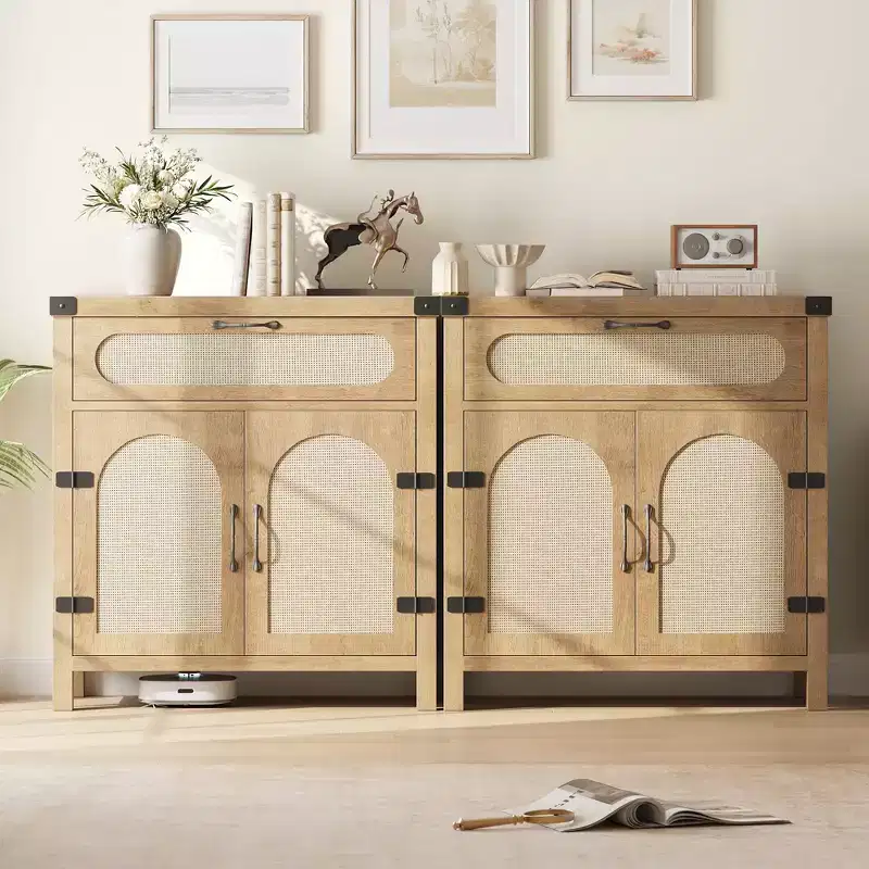Garvee Rattan Sideboard Buffet Cabinets with Storage, Farmhouse Kitchen Accent Storage Cabinet with Drawer for Dining Room, Living Room, Hallway