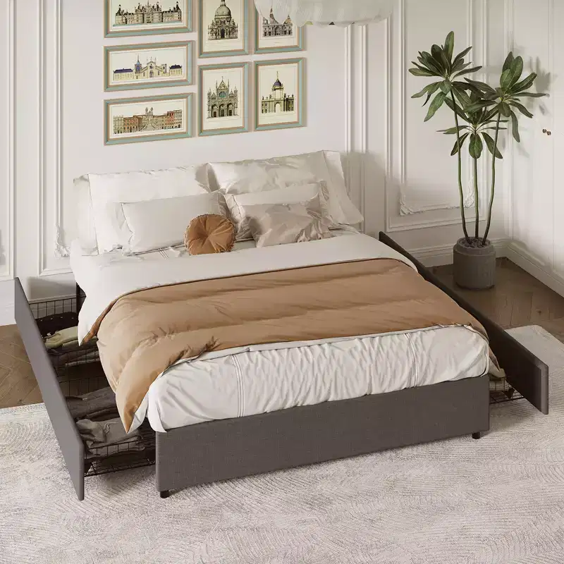 Platform Bed Frame with 4 Storage Drawers, Fabric Upholstered, Wooden Slats Support, No Box Spring Needed, Noise Free, Easy Assembly