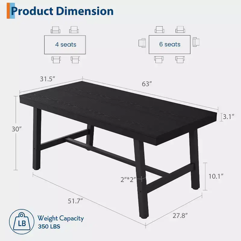 GustoWave 63-inch Dining Table for 4-6 People, Rectangular Wood Finish Kitchen Table with Metal Frame