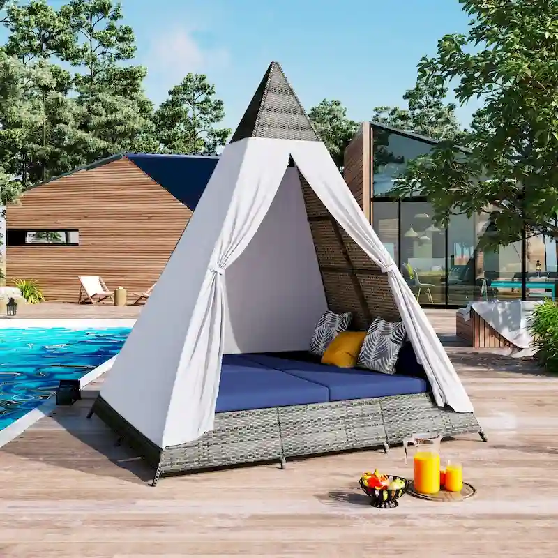 Nestfair Patio Outdoor Tent Shape Wicker Sunbed Daybed With Cushions