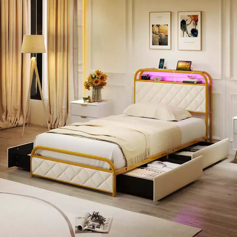 Costway Twin/Full/Queen Size Bed Frame with LED Lights & Charging Station Storage Headboard & Drawers Golden