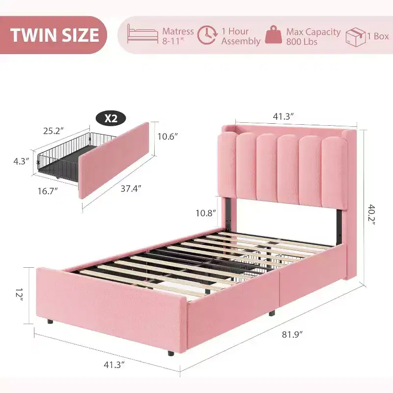 Twin Bed Frame with Storage Headboard, Boucle Upholstered Platform Bed with 2 Drawers, No Box Spring Needed