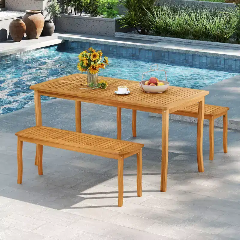 Gymax 3 Pieces Outdoor Dining Set for 4 People Patio Acacia Wood Table & Bench Set