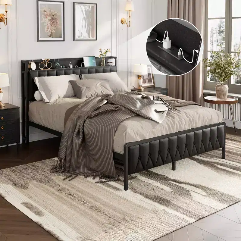Bed Frame with PU Faux Leather Button Headboard with Charging Station, All-Metal Platform Bed Frame with Storag